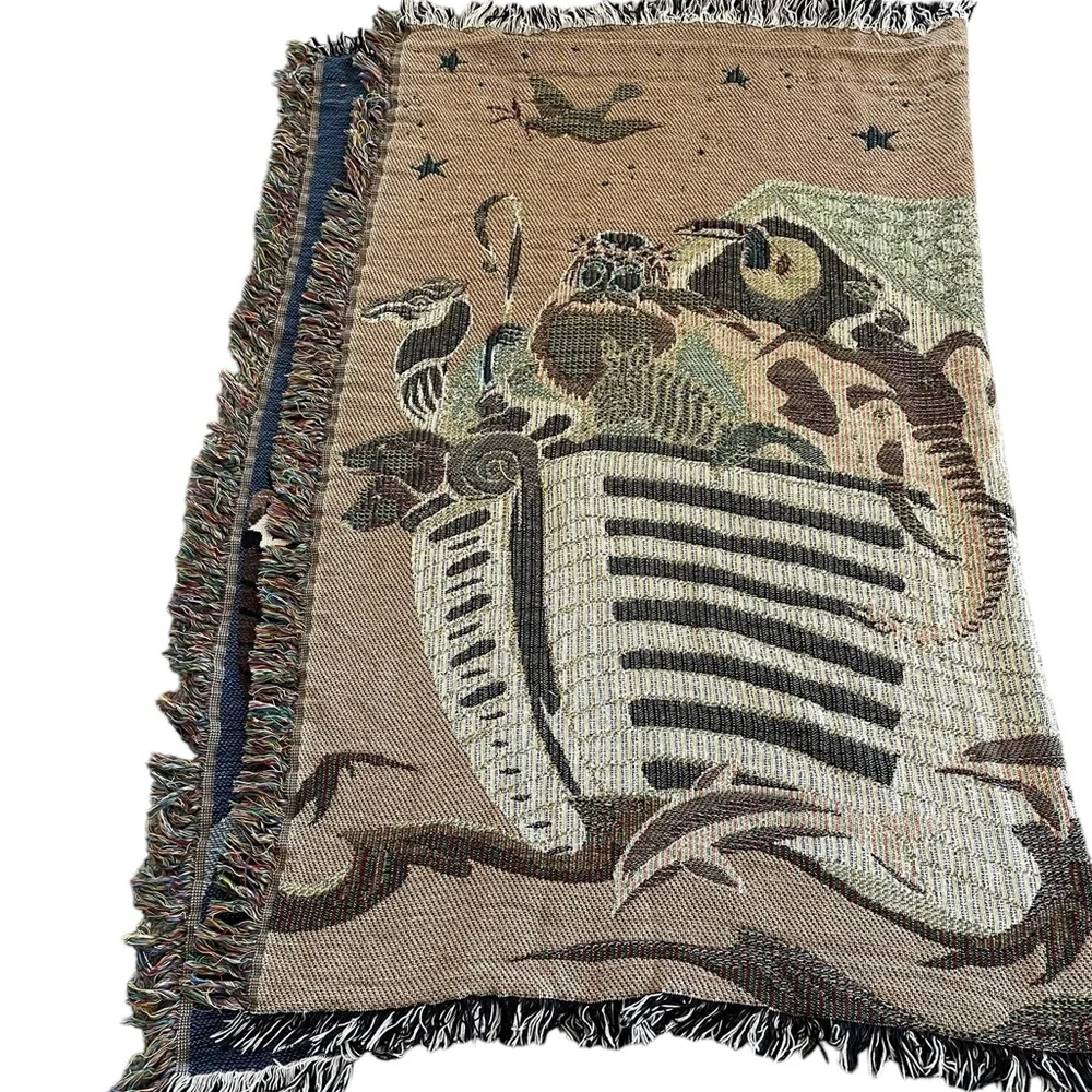 Vtg Woven Throw Blanket Noahs Ark Animals Fringed 65”x50”